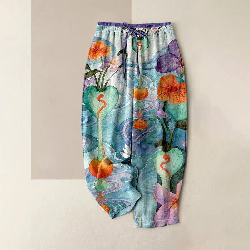 Buddha Stones Flower Pattern Drawstring Elastic Waist Women's Cotton Pants With Pockets