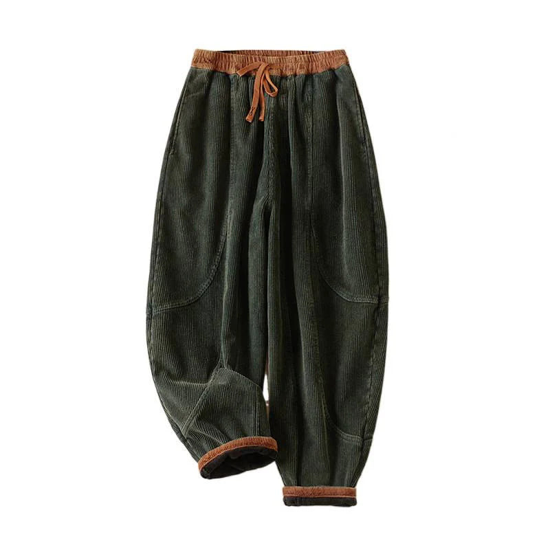Buddha Stones Color Contrast Corduroy Cotton Women's Thermal Fleece-Lined Harem Pants With Pockets