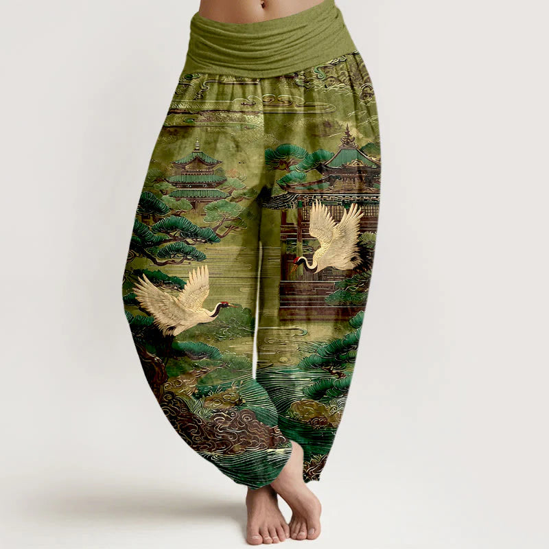 Buddha Stones Cotton Exquisite Crane Architecture Pine Tree Cloud Pattern Women's Elastic Waist Harem Pants