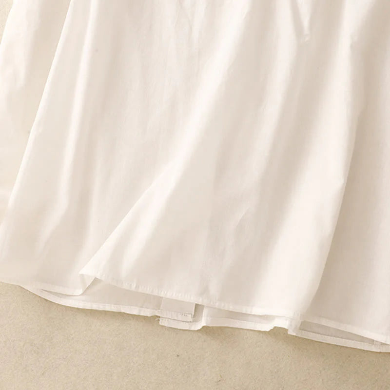Buddha Stones Summer Pure Color Ruffled Pleated Design Women's Cotton Short Sleeve Shirt