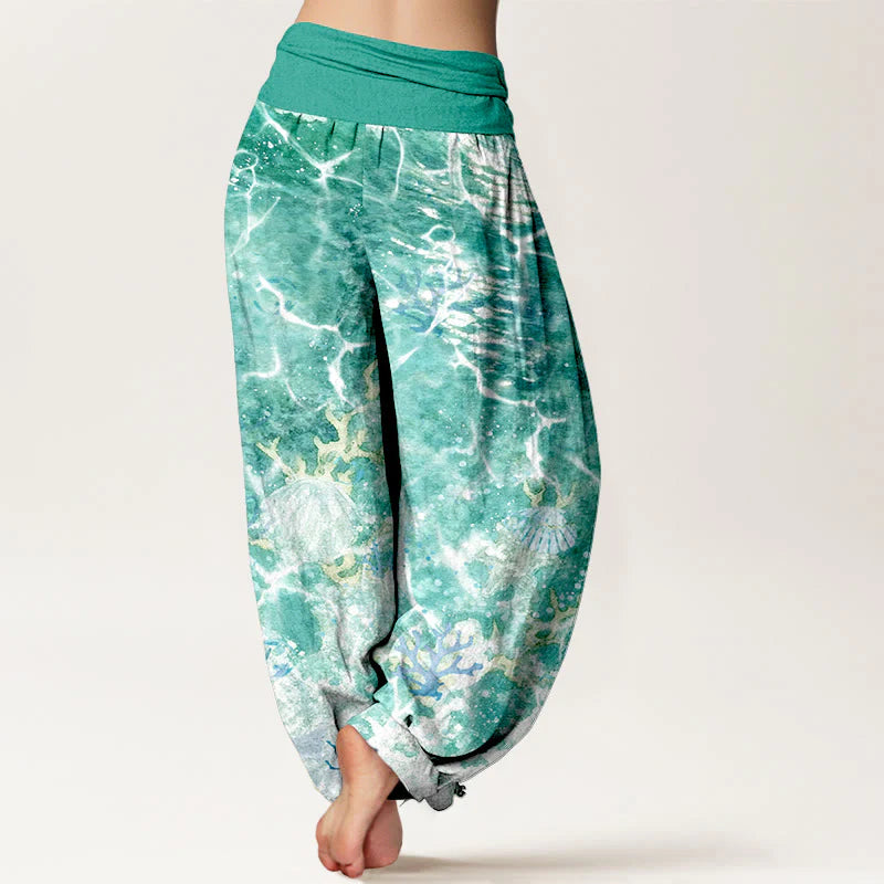 Buddha Stones Cotton Lively Ocean Seashells Coral Pattern Women's Elastic Waist Harem Pants