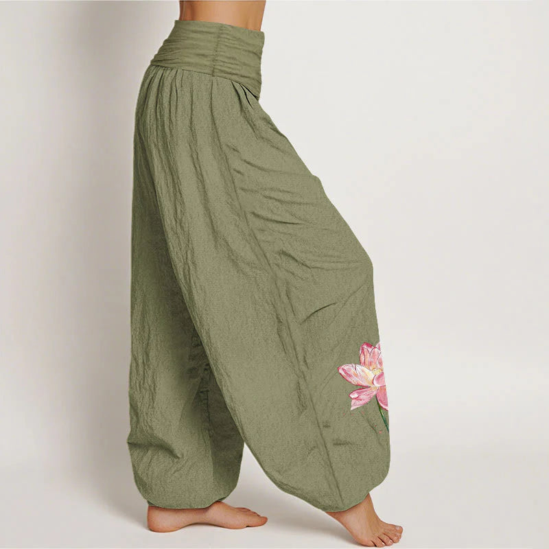 Buddha Stones Cotton Lotus Flower Sun Pattern Women's Elastic Waist Harem Pants