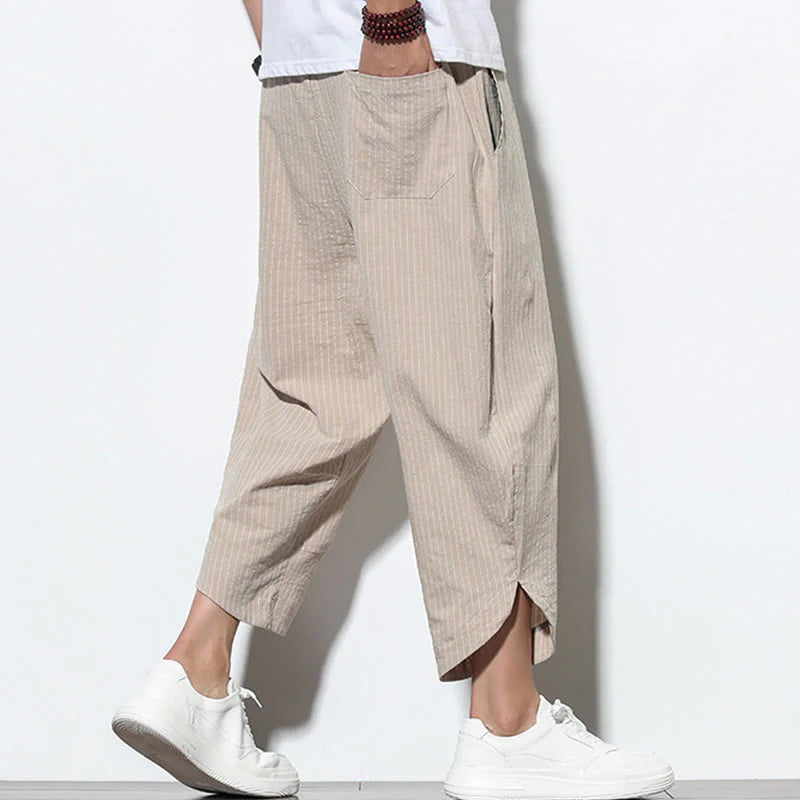 Buddha Stones Summer Stripes Pattern Drawstring Cotton Linen Men's 7-8 Length Harem Pants With Pockets