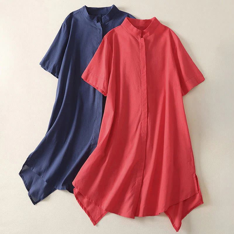 Buddha Stones Summer Stand Collar Short Sleeve Plain Women's Buttons Cotton Shirt With Pocket