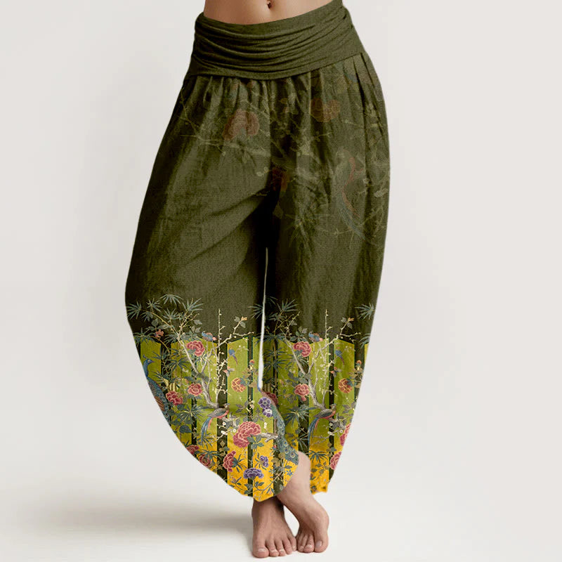 Buddha Stones Cotton Gorgeous Peacock Flower Pattern Women's Elastic Waist Harem Pants