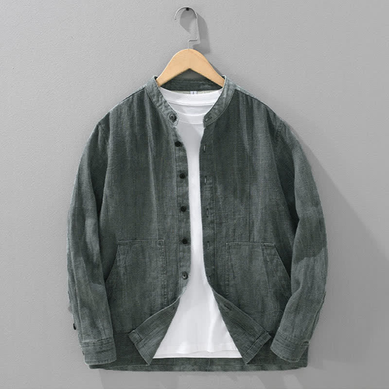 Buddha Stones Fall Plain Long Sleeve Buttons Design Men's Ramie Linen Cotton Shirts With Pocket
