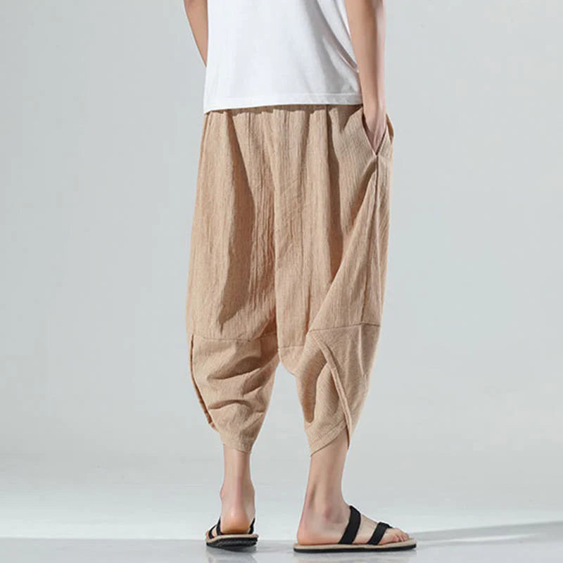 Buddha Stones Plain Simple Design Drawstring 7-8 Length Linen Men's Harem Pants With Pockets