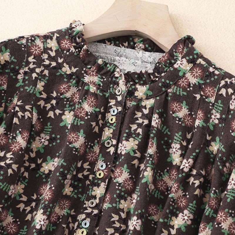 Buddha Stones Fall Floral Print Buttons Down Design Women's Cotton Long Sleeve Shirt