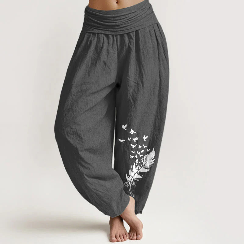 Buddha Stones Pure Cotton Vivid Bird Feather Pattern Women's Elastic Waist Harem Pants