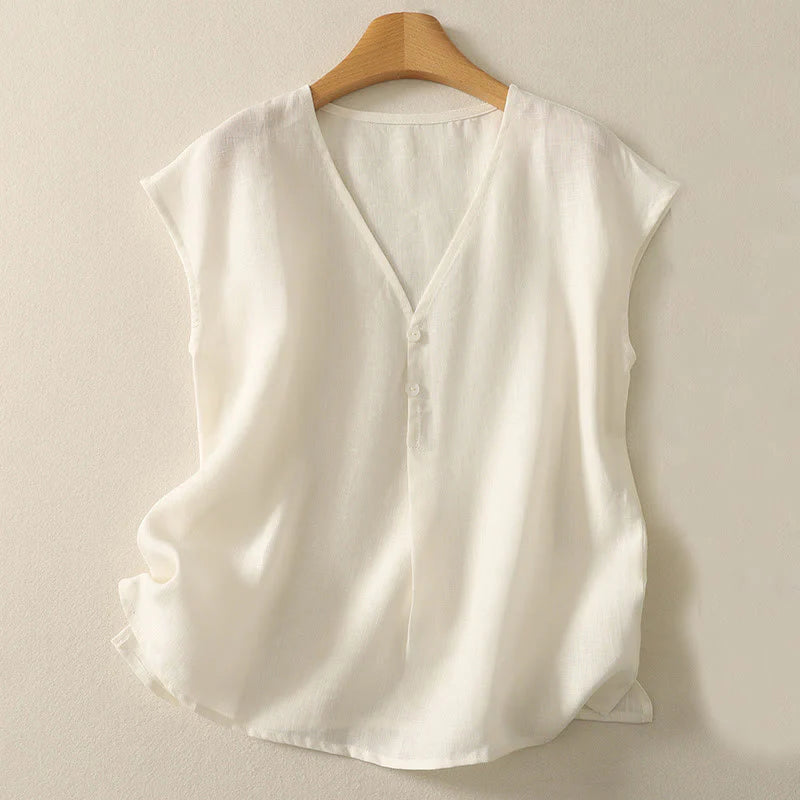 Buddha Stones Retro V-Neck Button Design Women's Cotton Sleeveless Vest