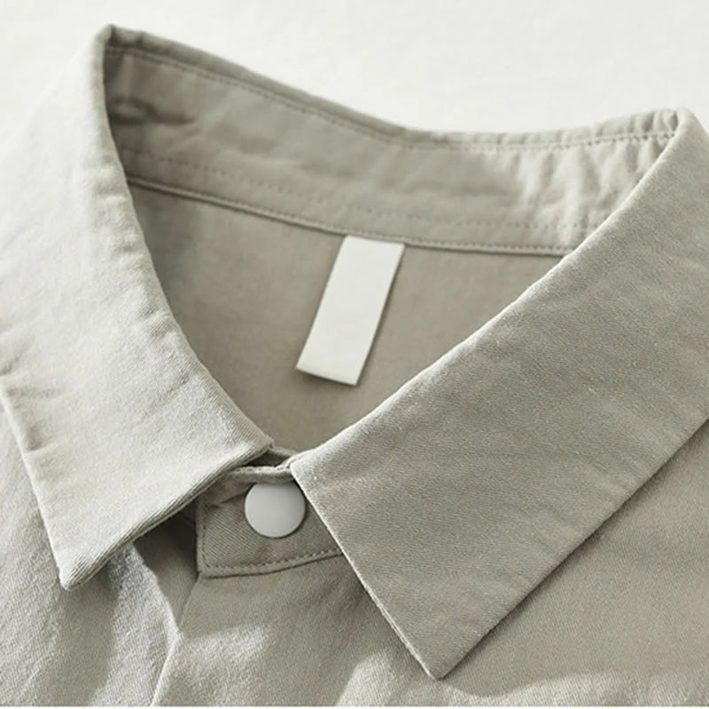 Buddha Stones Simple Solid Color Buttons Down Men's Stand Collar Long Sleeve Cotton Shirt