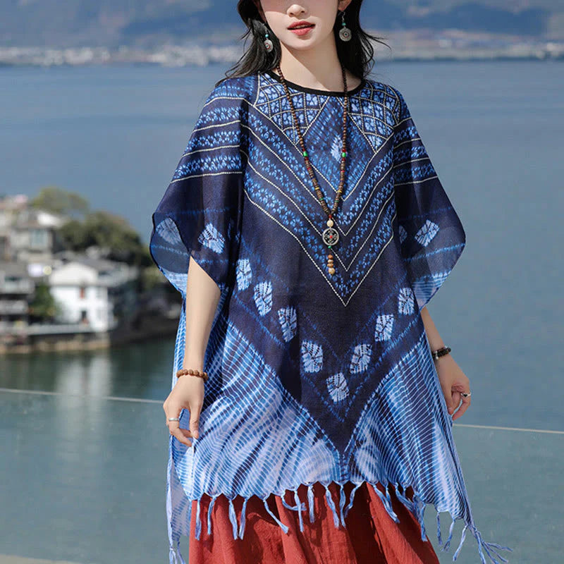 Buddha Stones Blue Triangle Stripes Batik Shawl Soft Pullover 90*95cm