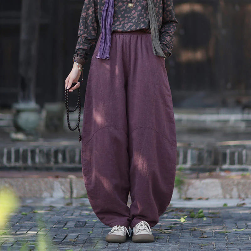 Buddha Stones Winter Elastic Waist Ramie Cotton Thermal Women's Pants With Pockets
