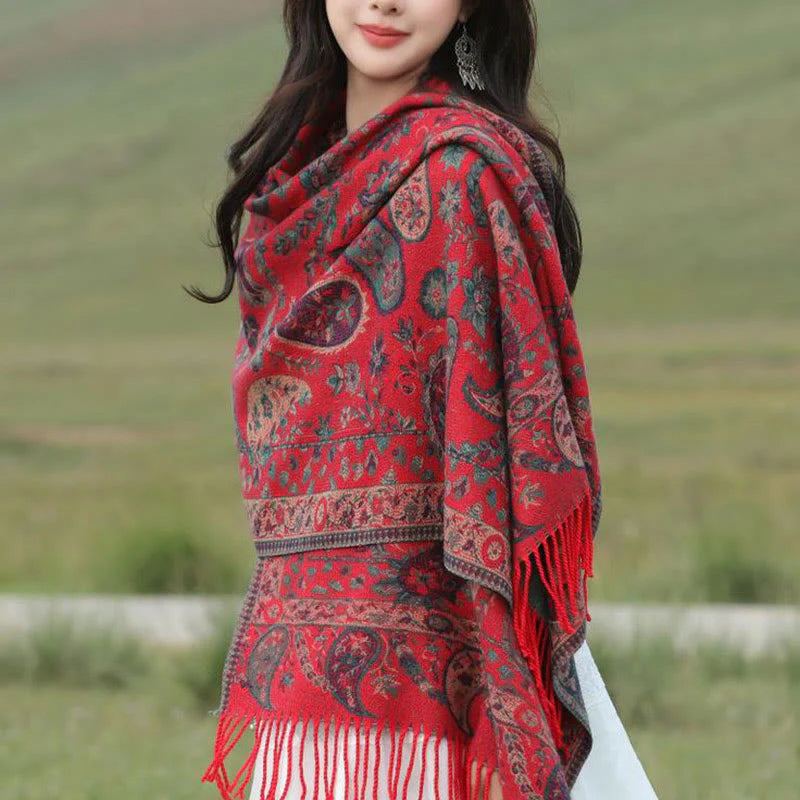 Buddha Stones Ethnic Embroidered Paisley Flowers Pattern Tassel Soft Scarf Shawl