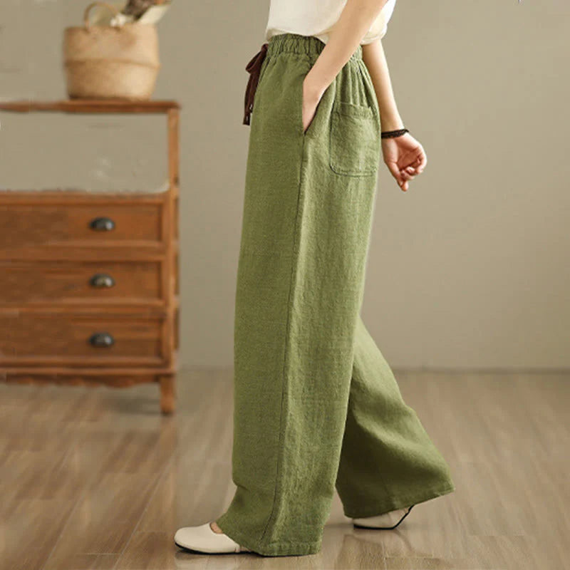 Buddha Stones Commute Retro Solid Color Women's Harem Drawstring Cotton Pants With Pockets