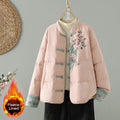 Buddha Stones Peach Blossom Embroidery Frog-Button Long Sleeve Thermal Women's Jacket With Pockets