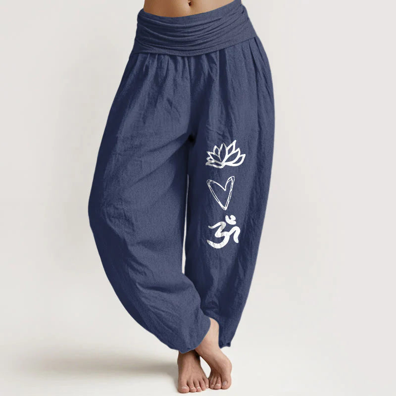 Buddha Stones Pure Cotton Lotus Heart Shape Om Symbol Pattern Women's Elastic Waist Harem Pants