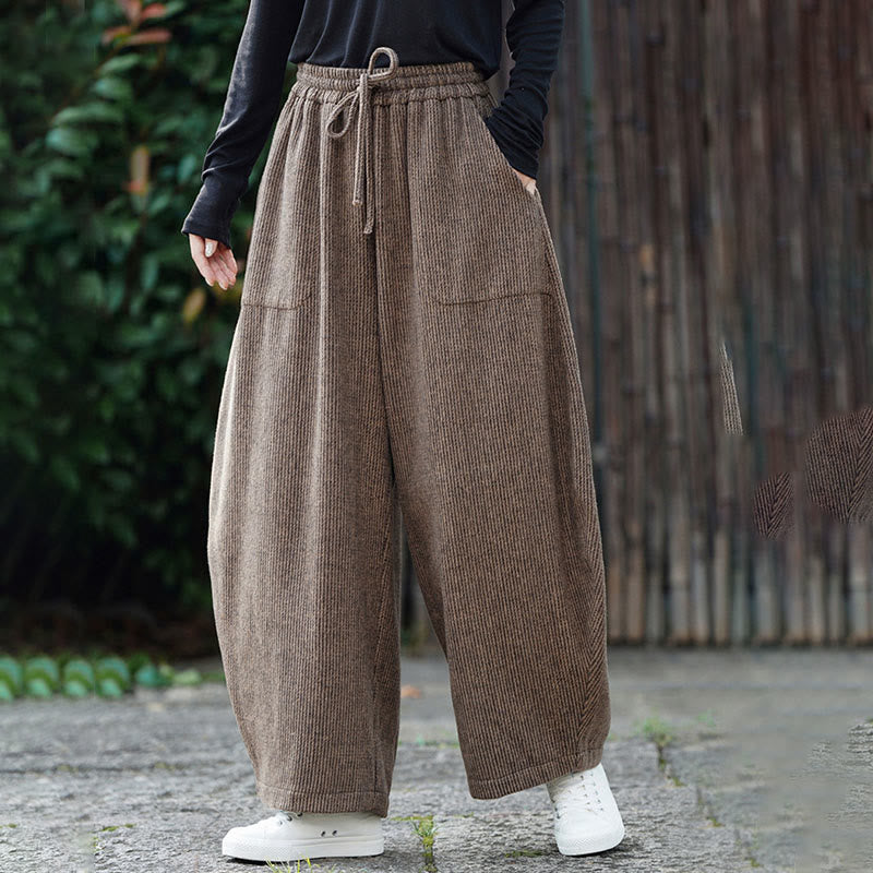 Buddha Stones Winter Men's Pure Color Drawstring Design Cotton High Waist Pants With Pockets