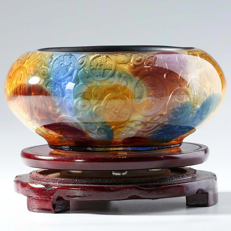 Buddha Stones Handmade Liuli Crystal Treasure Bowl Ingots Art Piece Home Decoration