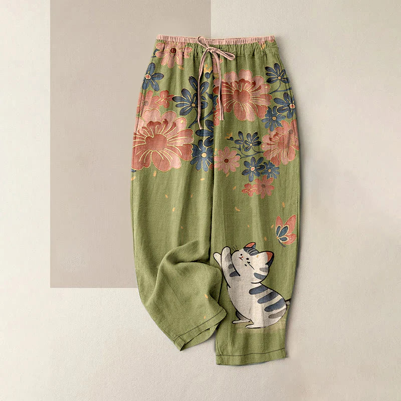 Buddha Stones Pure Cotton Cat Butterfly Pink Blossom Pattern Women's Elastic Waist Pants With Pockets