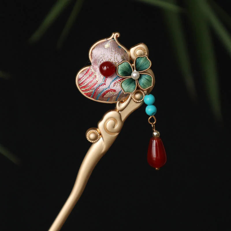 Buddha Stones Gourd Flower Pattern Red Agate Copper Calm Hairpin