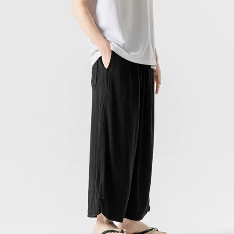 Buddha Stones Casual Loose Frog-Button Plain Men's Cotton Linen 7-8 Length Pants With Pockets
