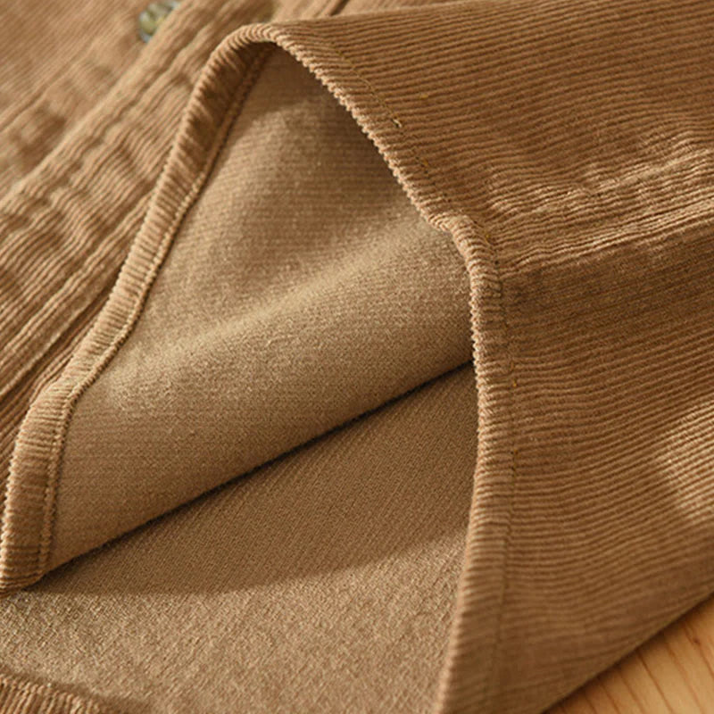 Buddha Stones Fall Decorative Pocket Buttons Down Stand Collar Long Sleeve Men's Cotton Corduroy Shirt