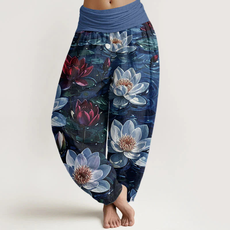 Buddha Stones Cotton Casual Blooming Red Lotus Flower Pattern Women's Elastic Waist Harem Pants