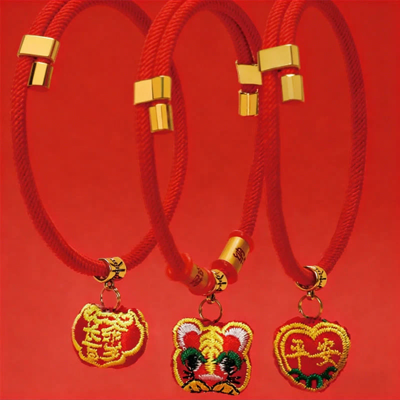 Buddha Stones Red String Plaited Embroidery Tiger Fu Character Protection Adjustable Cats Dogs Pet Collar