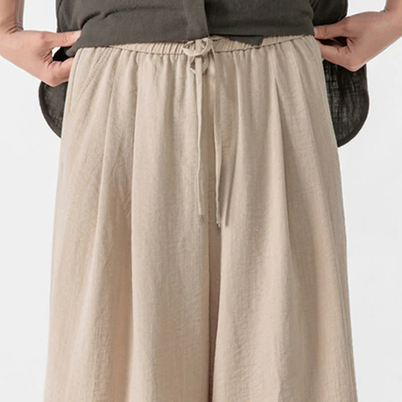 Buddha Stones Casual Loose Frog-Button Plain Men's Cotton 7-8 Length Wide Leg Pants With Pockets