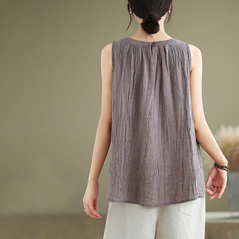 Buddha Stones Summer Wrinkles Simple Design Crew Neck Cotton Linen Women's Sleeveless Vest Waistcoat