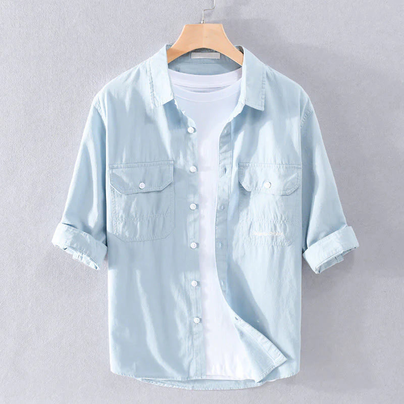 Buddha Stones Summer Buttons Down Two Decorative Pockets Men's Half Sleeve Cotton Shirt