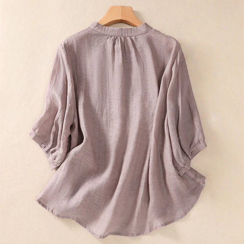 Buddha Stones Casual Daily Plain Button Ruffled Design Stand Collar Women's Cotton Linen Three Quarter Sleeve Shirt Cardigan
