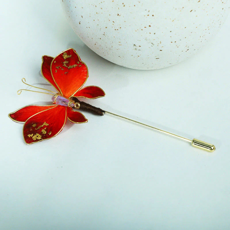 Buddha Stones Handcrafted Silk Art Velvet Flower Red Butterfly Brooch