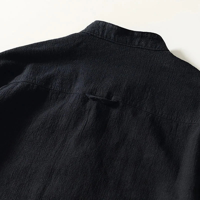 Buddha Stones Solid Color Men's Buttons Long Sleeve Cotton Linen Shirt With Pockets
