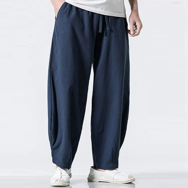 Buddha Stones Drawstring Elastic Waist Ankle-Length Men's Cotton Pants With Pockets