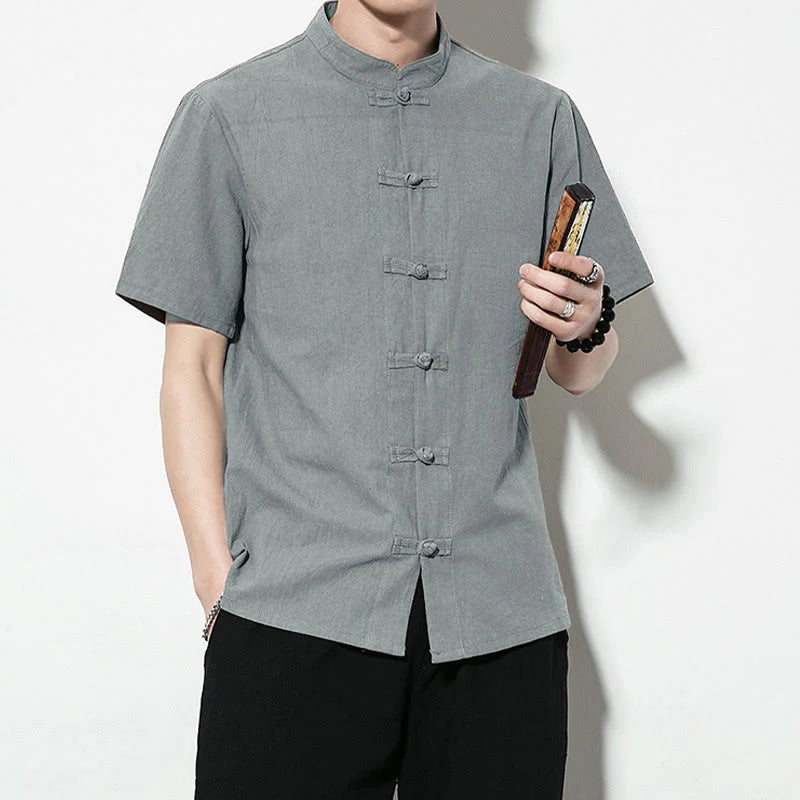 Buddha Stones Casual Solid Color Front Frog Buttons Chinese Tang Suit Short Sleeve Linen Men's Shirt