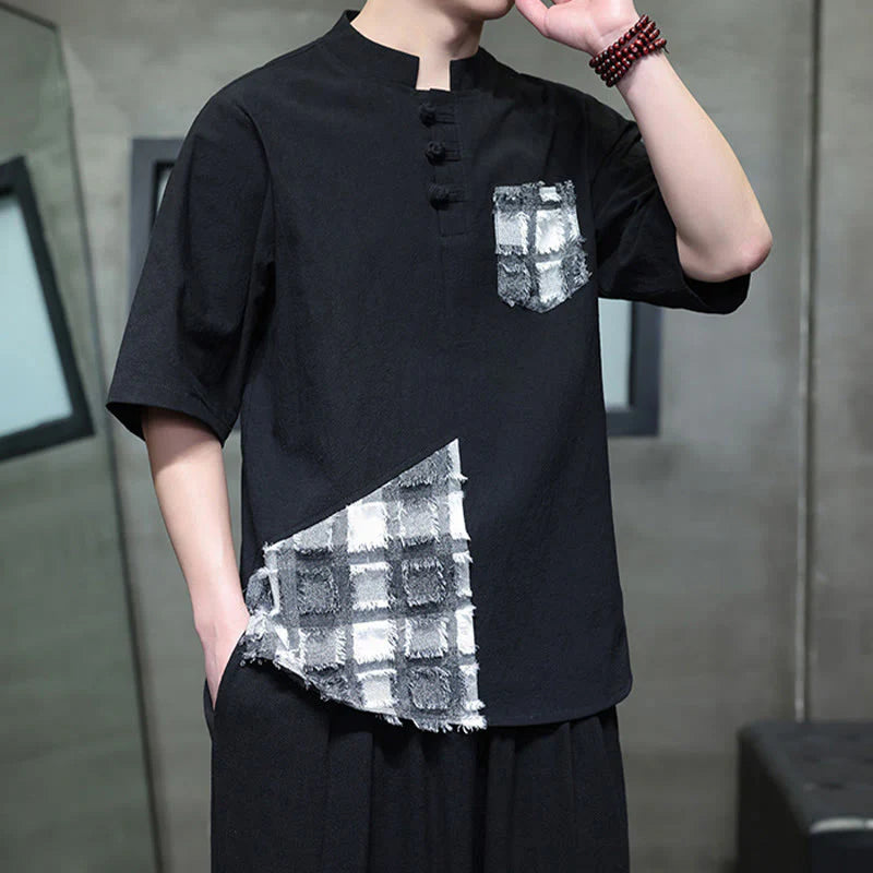 Buddha Stones Summer Vintage Color Contrast Patchwork Design Stand Collar Men's Half Sleeve Cotton Shirt With Pocket