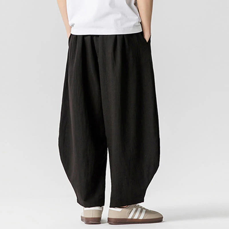 Buddha Stones Summer Pure Color Drawstring Men's Cotton Ankle-Length Pants With Pockets