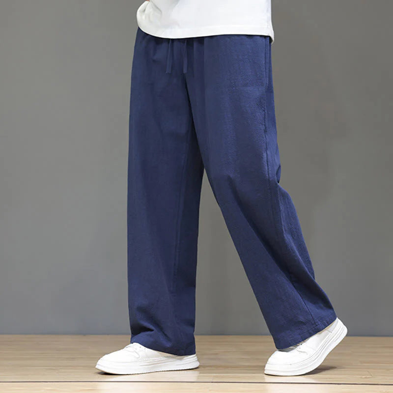 Buddha Stones Summer Men's Cotton Linen Straight Leg Pants With Pockets