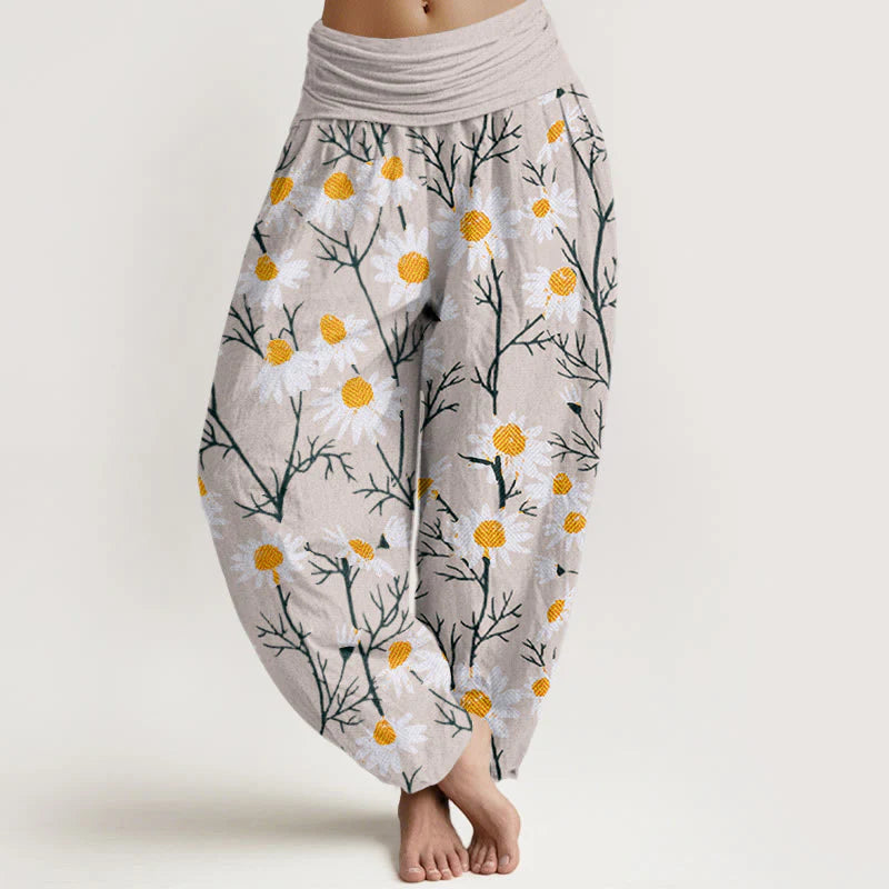 Buddha Stones Cotton White Petals Daisy Pattern Women's Elastic Waist Harem Pants