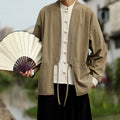 Buddha Stones Solid Color Open Front Long Sleeve Jacket Men's Cotton Corduroy Kimono With Pockets