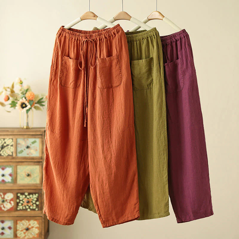 Buddha Stones Casual Plain Wrinkles Design Drawstring 9 Length Cotton Linen Women's Wide Leg Pants With Pockets