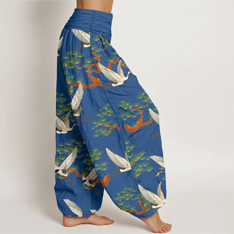 Buddha Stones Print Pine Tree Crane Pattern Pure Cotton Women's Elastic Waist Harem Pants