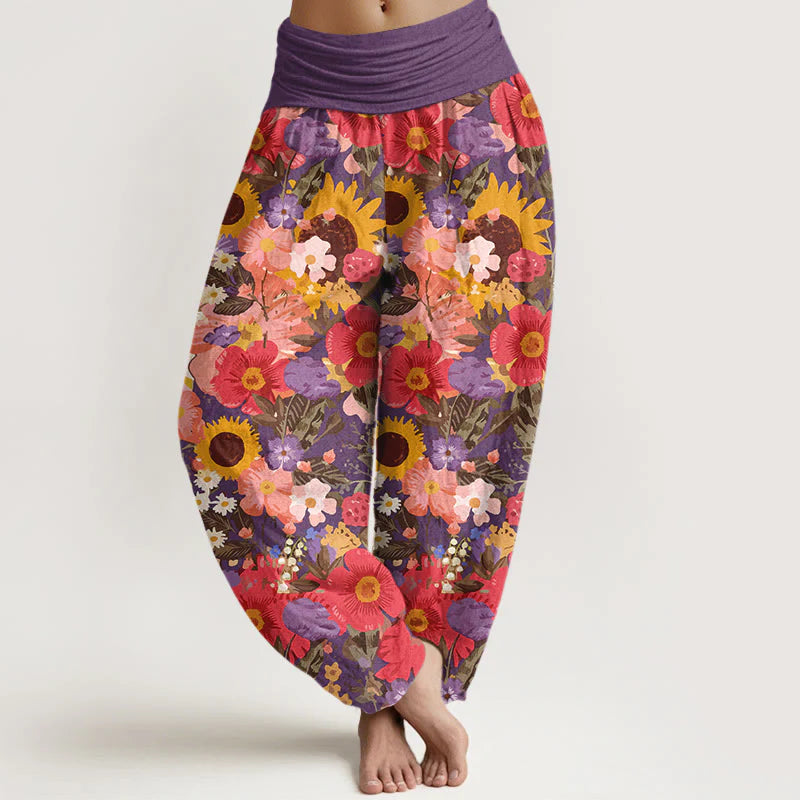 Buddha Stones Pure Cotton Colorful Sunflower Daisy Small Red Purple Flowers Pattern Women's Elastic Waist Harem Pants