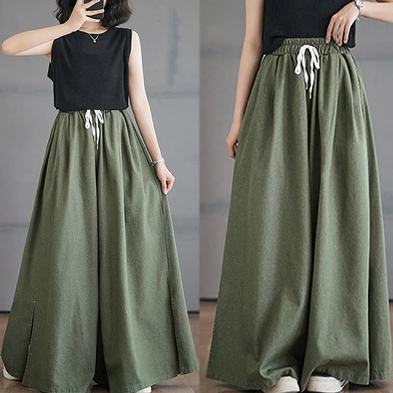 Buddha Stones Retro Leg Opening Slit Design Women's Wide Leg Pants With Pockets