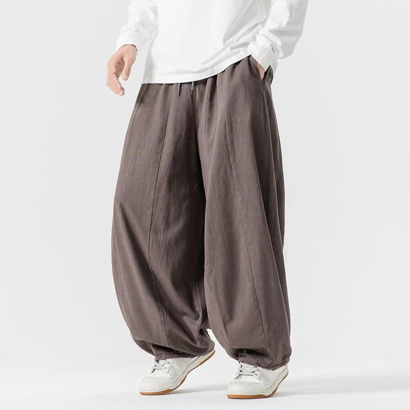 Buddha Stones Winter Commute Plain Drawstring Design Men's Wide Leg Cotton Pants With Pockets