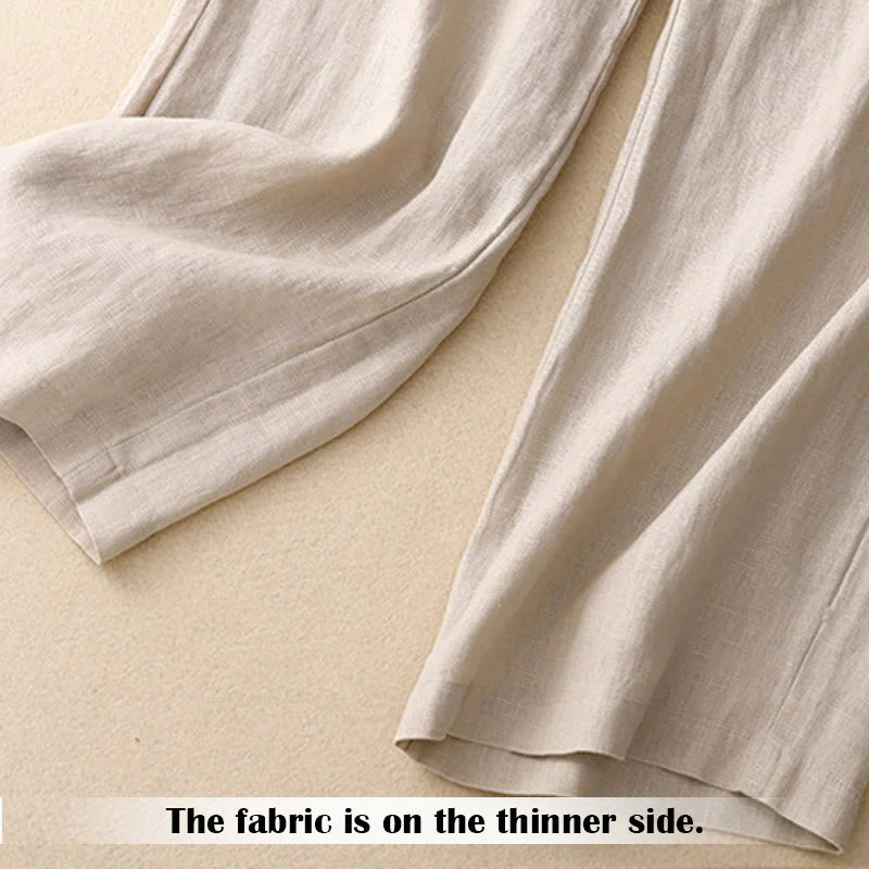 Buddha Stones Summer Casual Simple Design Linen Women's Wide Leg Pants With Zipper Pockets