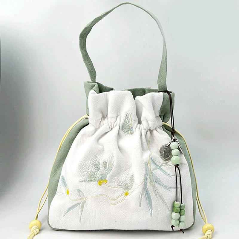 Buddha Stones Embroidered Butterfly Lotus Magnolia Cotton Linen Tote Crossbody Bag Shoulder Bag Handbag