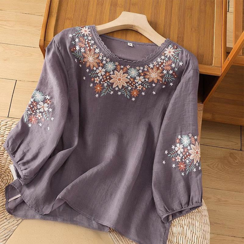 Buddha Stones Casual Flower Leaf Embroidery Women's Crew Neck Design Three Quarter Sleeve Cotton Linen T-shirt